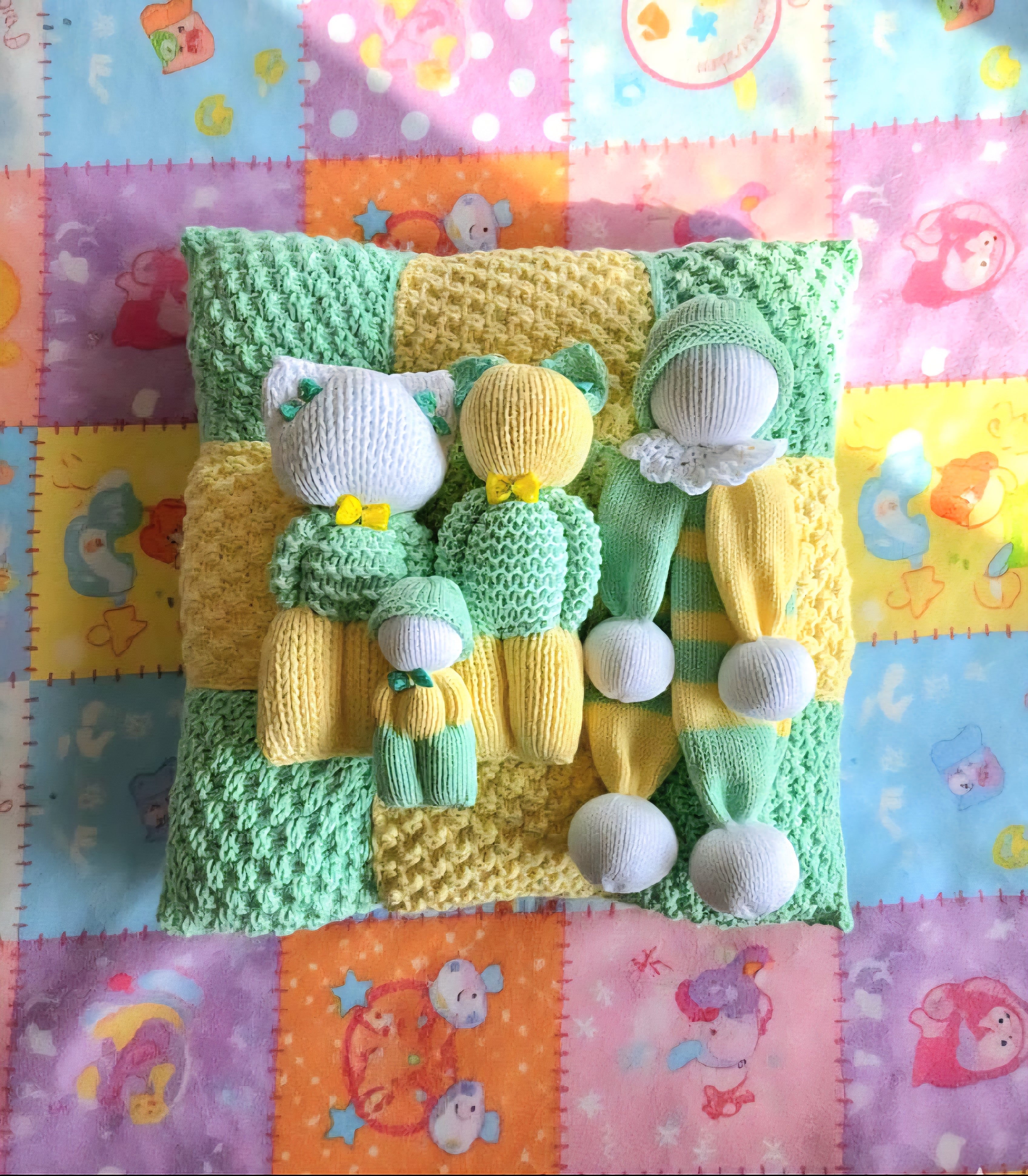 Lot 4 doudous peluches tricotées main + coussin vert et jaune