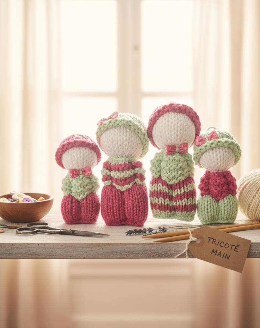 Les doudous familles version bonhomme ou chat, tricotés main.
