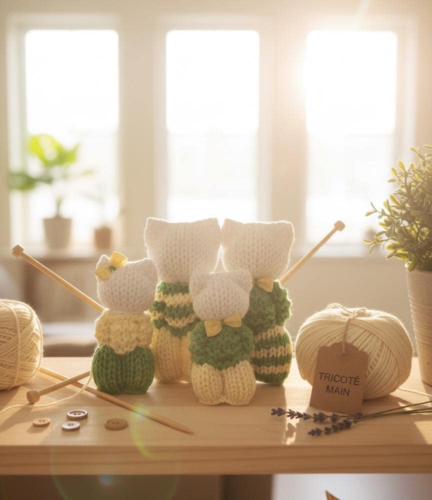 Les doudous familles version bonhomme ou chat, tricotés main.